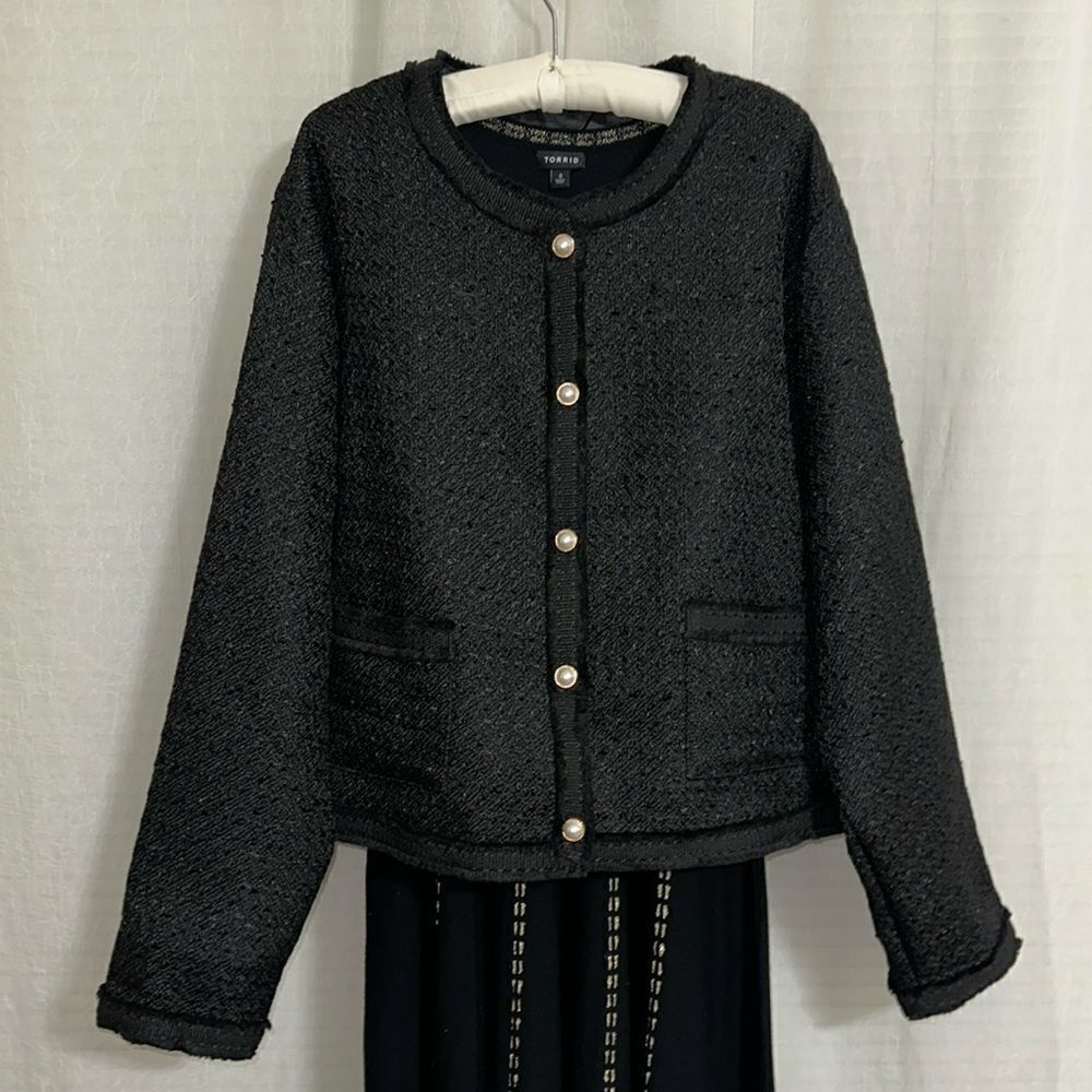 IS 3X Black Button Front Tweed Blazer with Gold Tone Pearl Buttons and Pockets